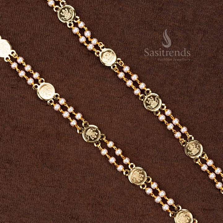 Elegant Lakshmi coin chain featuring micro gold plating and pearl accents, ideal for festive occasions - Sasitrends