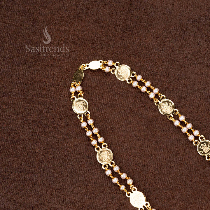 Gold plated Lakshmi coin chain with intricate pearl embellishments, designed for temple wear, look like real gold - Sasitrends