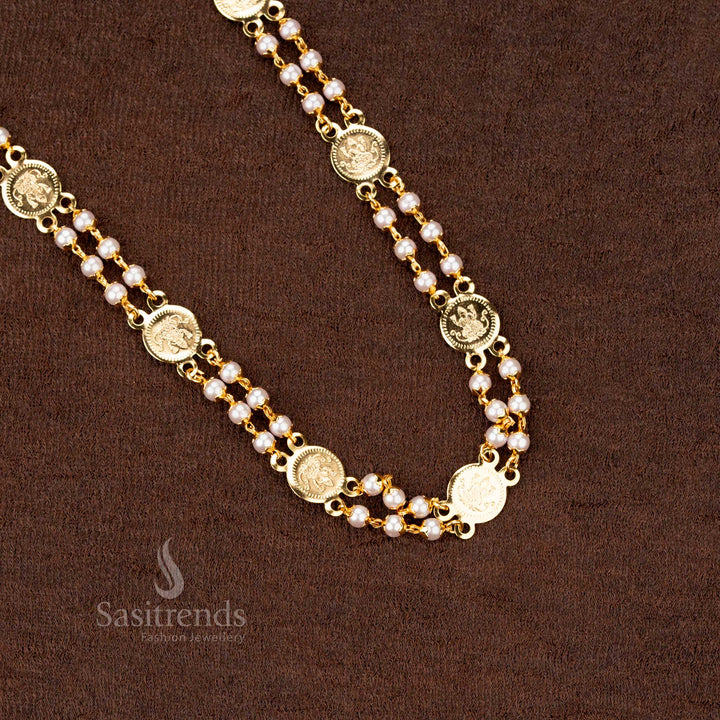 Traditional Lakshmi coin chain in micro gold plating with pearls, perfect for weddings and ethnic attire - Sasitrends
