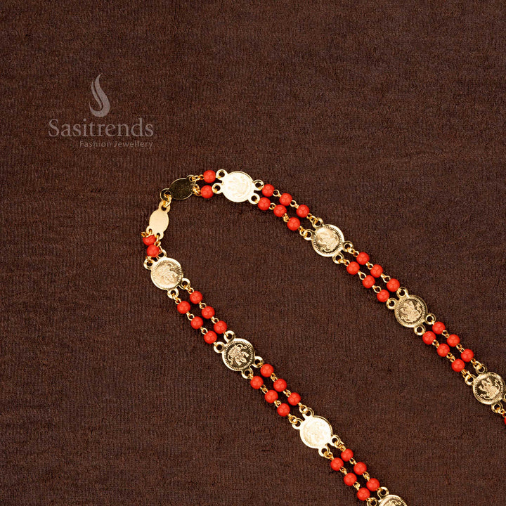 Elegant Lakshmi coin chain in micro gold plating featuring pavalam embellishments, ideal for traditional wear - Sasitrends

