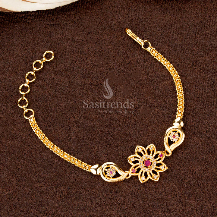 Traditional micro gold-plated bracelet showcasing intricate geometric patterns, ideal for festive occasions and ethnic wear - Sasitrends