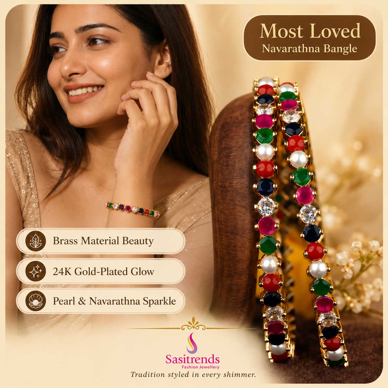 Micro Gold Plated Navarathna Bangle Model Image - Sasitrends