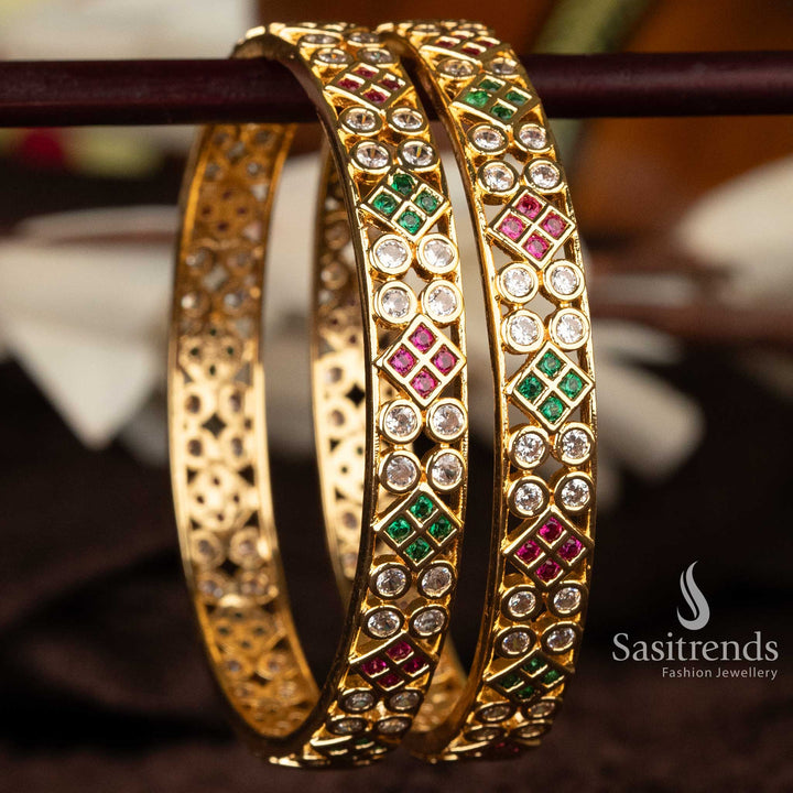 Micro gold-plated American diamond bangle with ruby and emerald accents - Sasitrends