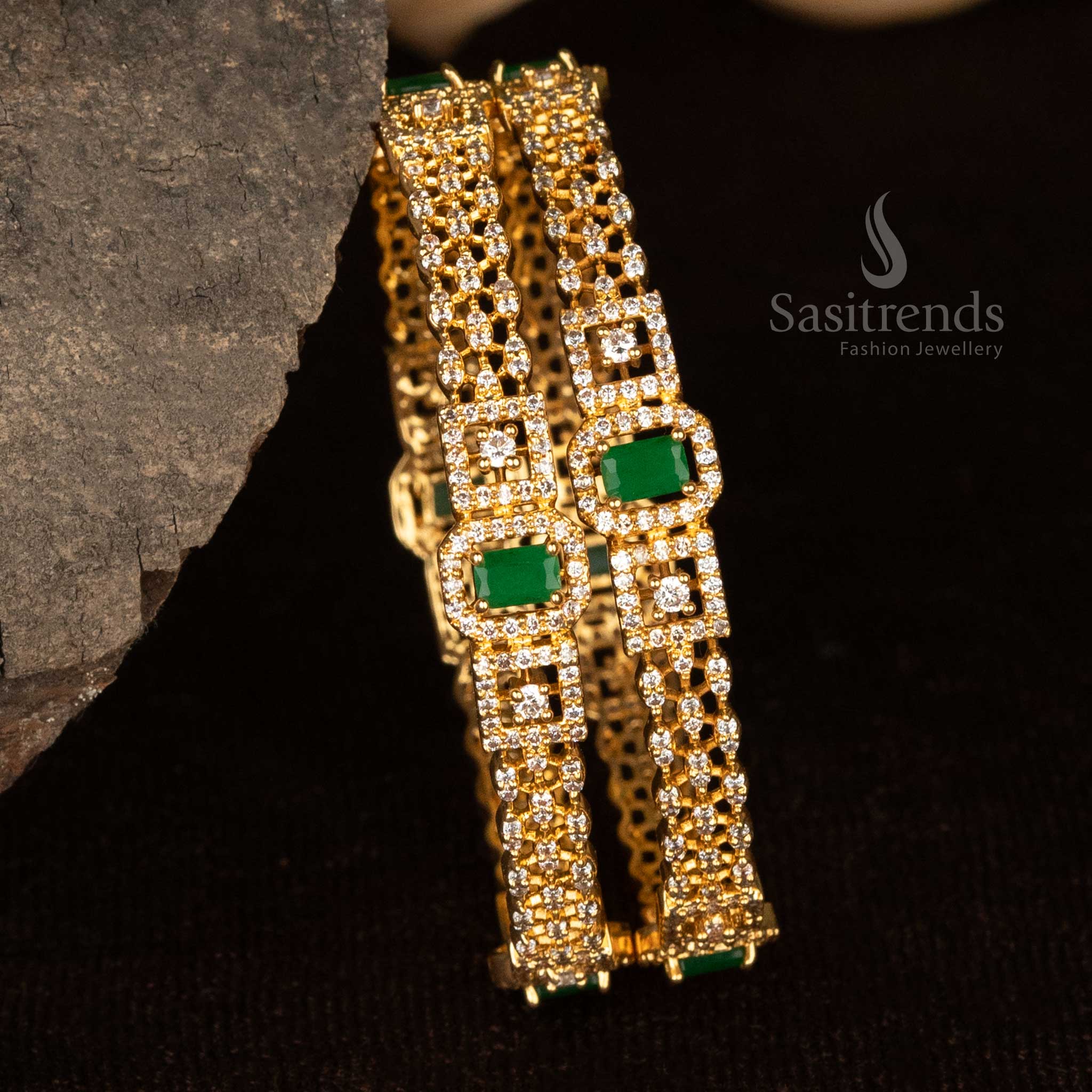 American Diamond micro gold plated three-line bangles with center rectangular, square, and marquise stone design, look like real gold - Sasitrends