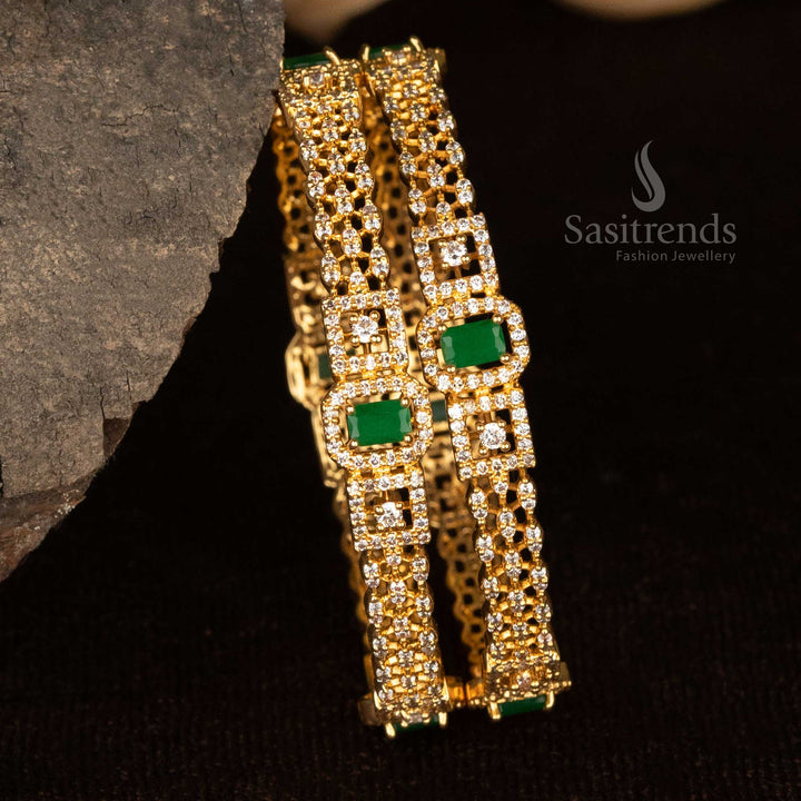 American Diamond micro gold plated three-line bangles with center rectangular, square, and marquise stone design, look like real gold - Sasitrends