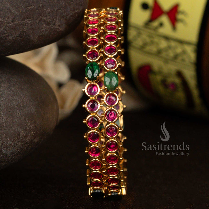 Guaranteed  One Gram Micro Gold Plated Kemp Stone and American Diamond Bangles with Oval Accent - Sasitrends