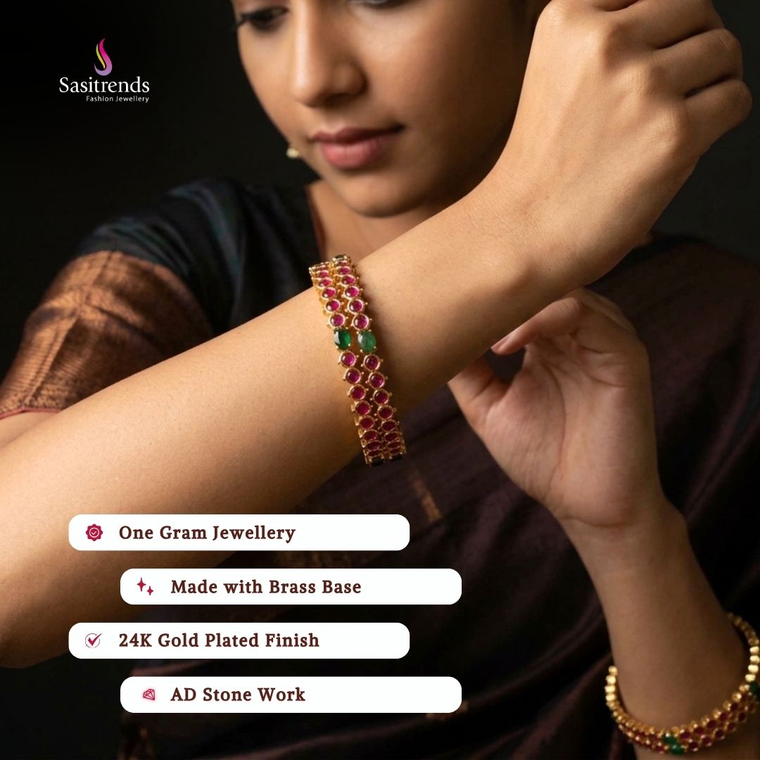 Beautiful collection of micro gold plated bangles styled by a model, elegant traditional jewellery suitable for festive wear, wedding functions, party occasions, and ethnic outfits.