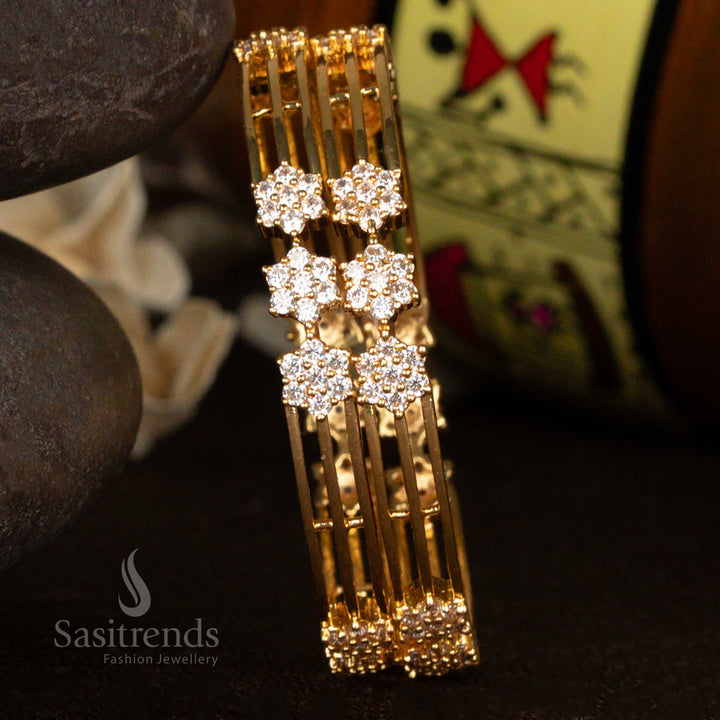 Stunning One Gram Guaranteed Micro Gold Plated American Diamond 3-Flower Center Design Bangles – Traditional and Festive Wear - Sasitrends