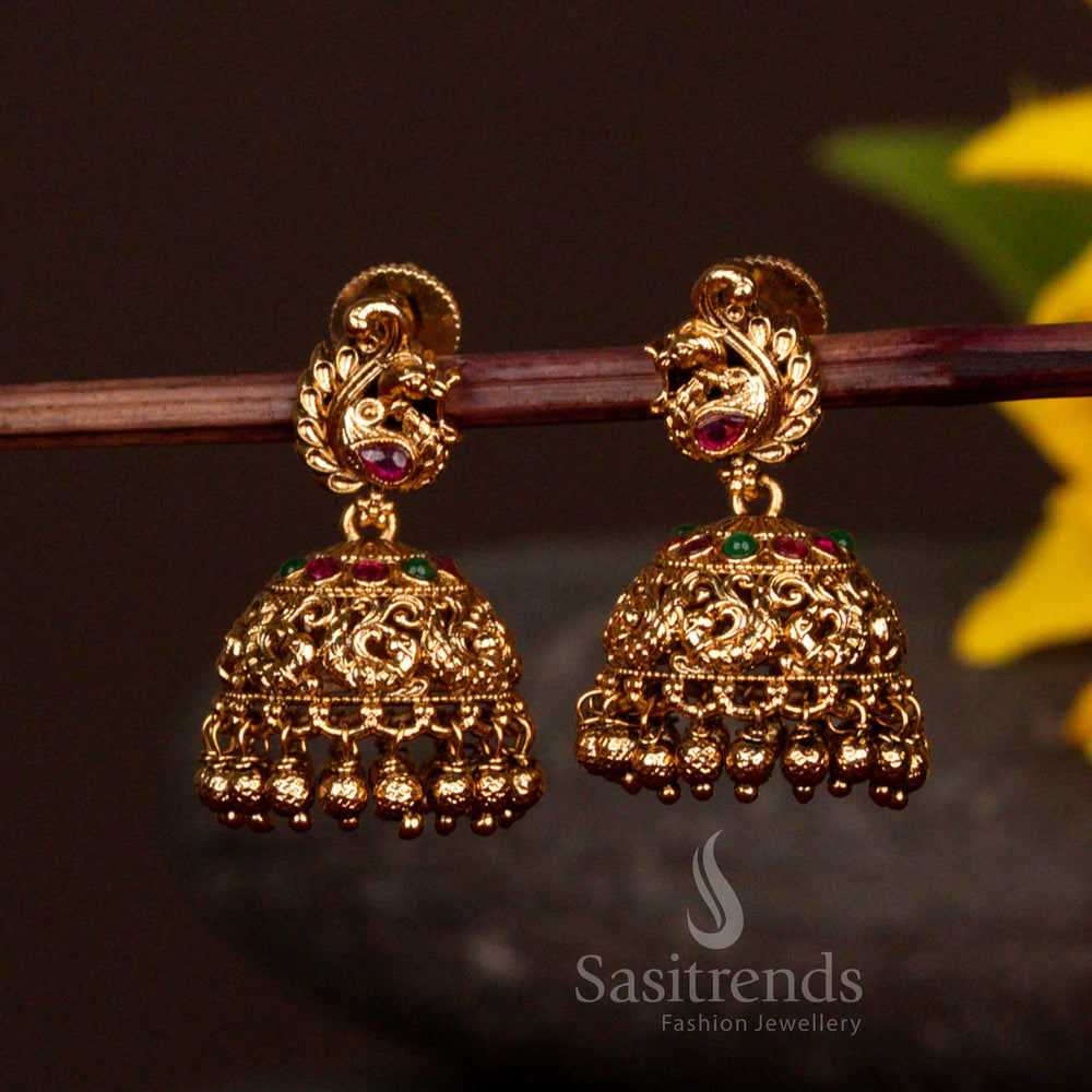 Premium matte gold peacock temple jhumka earrings for sarees- Sasitrends