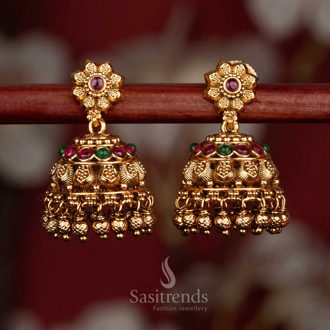 Heritage high-quality matte gold plated floral stud screw type jhumka earrings with intricate detailing