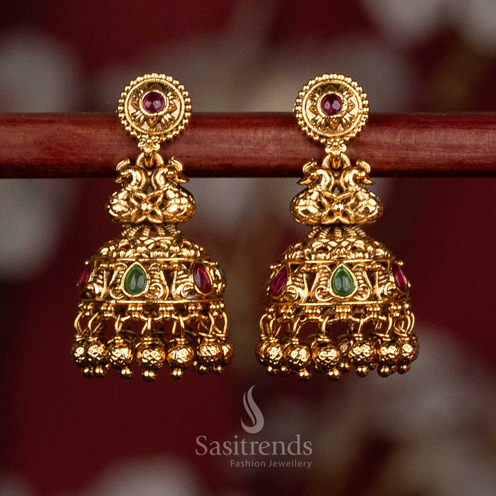 Traditional Premium Matte Gold Plated Temple Dual Peacock Jhumka Earrings for Pooja & Grand Traditional Functions