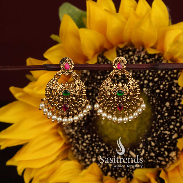Premium Matte Gold Plated South Indian Bridal Temple Chandbali Earrings - Sasitrends