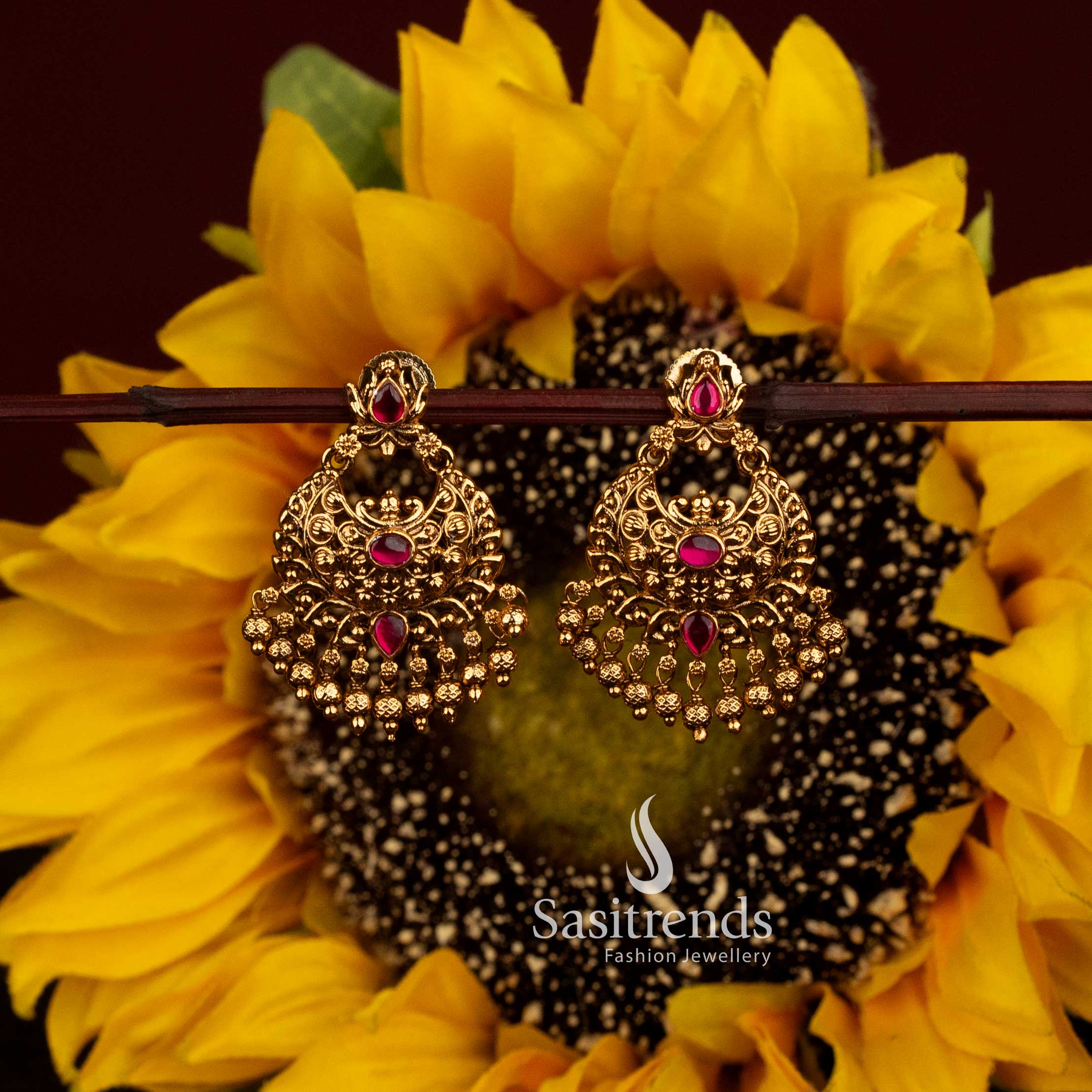 Premium Matte Gold Plated South Indian Bridal Temple Chandbali Earrings - Sasitrends