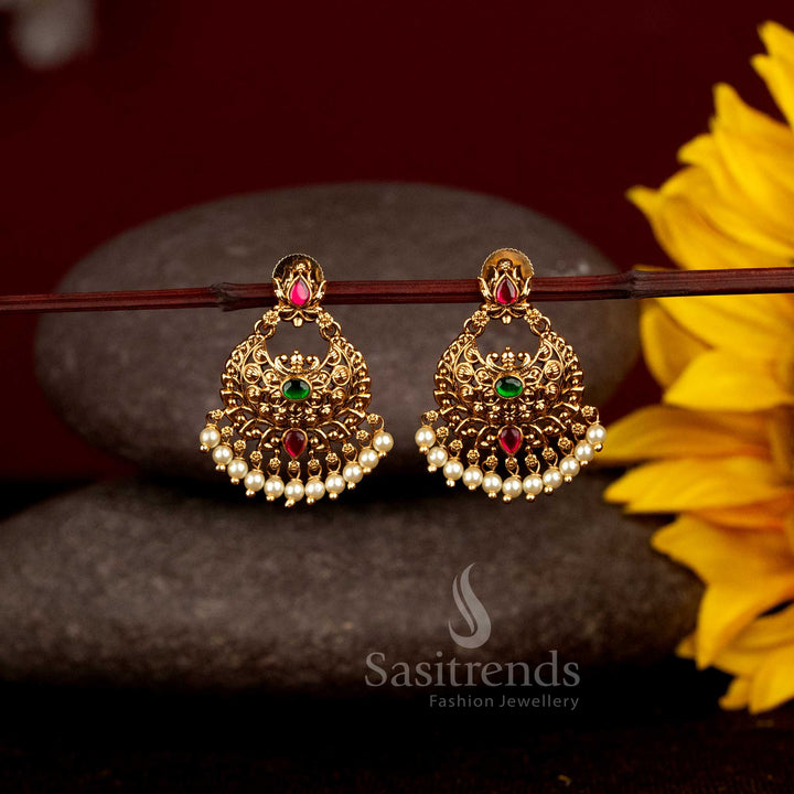 Premium Matte Gold Plated Temple Crescent Chandbali Earrings with Pearl Drops - Sasitrends