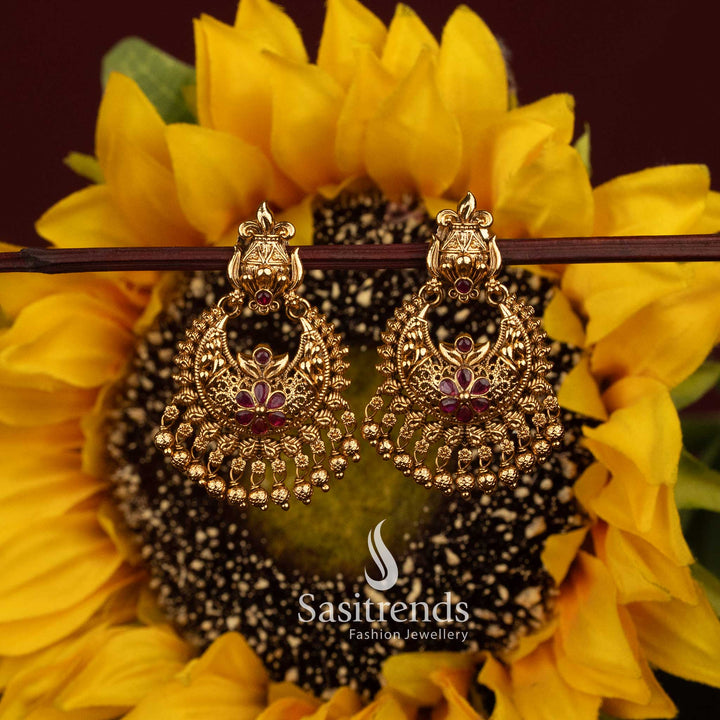 Detailed Floral Stone Chandbali Earrings with Pearl Drop Fringe - Sasitrends