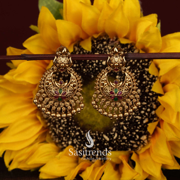 Detailed Floral Stone Chandbali Earrings with Pearl Drop Fringe - Sasitrends