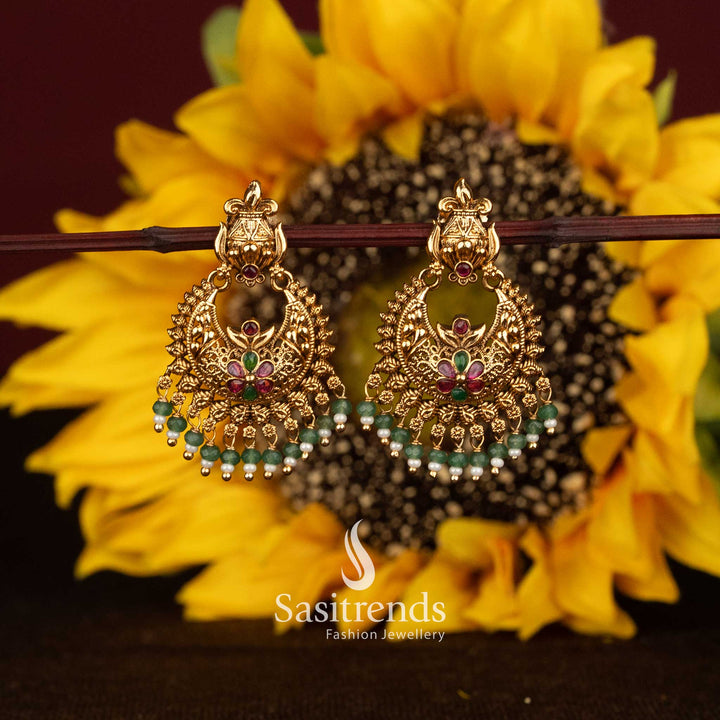 Matte Gold Plated Temple Floral Chandbali Pearl Drop Earrings for Women - Sasitrends
