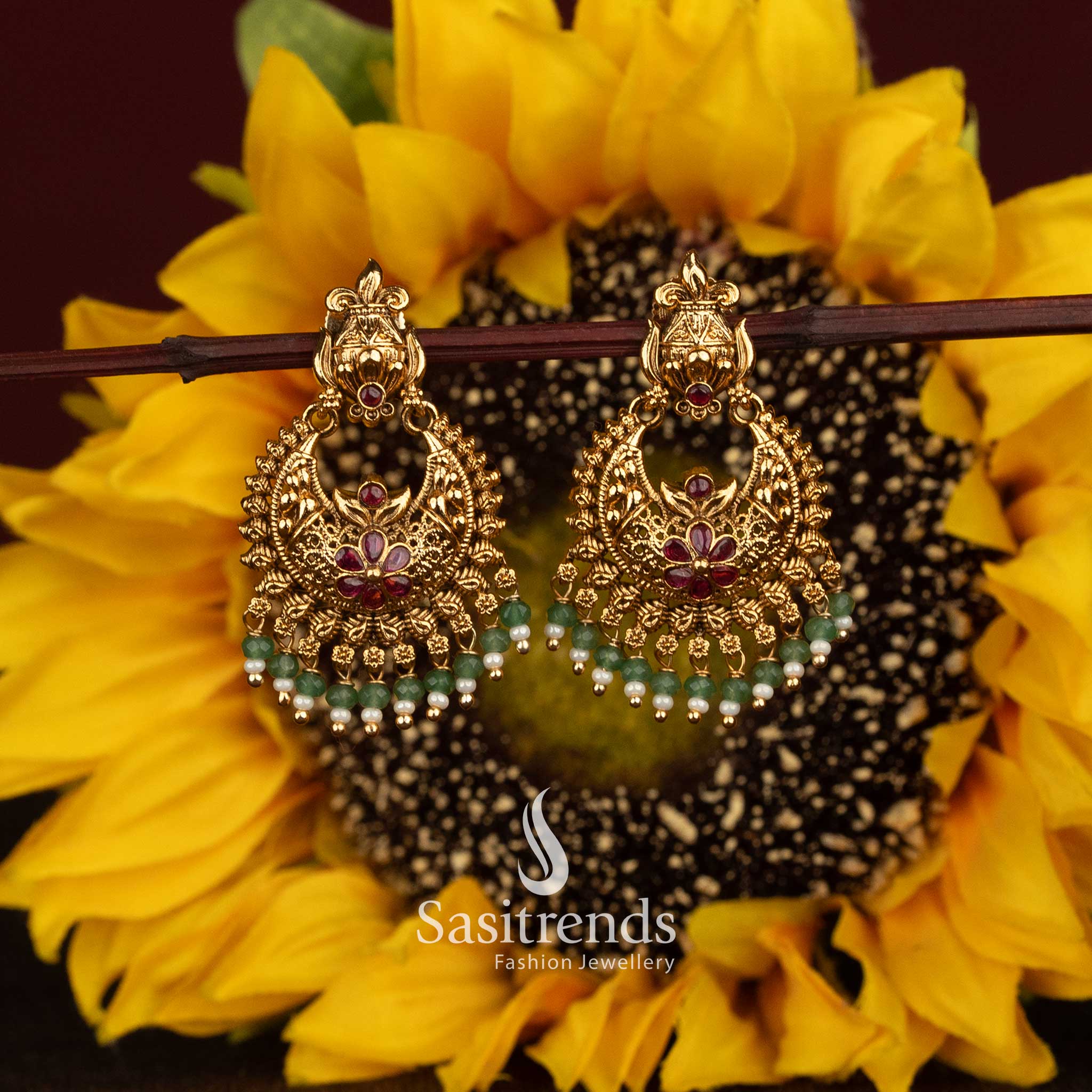 Matte Gold Plated Temple Floral Chandbali Pearl Drop Earrings for Women - Sasitrends