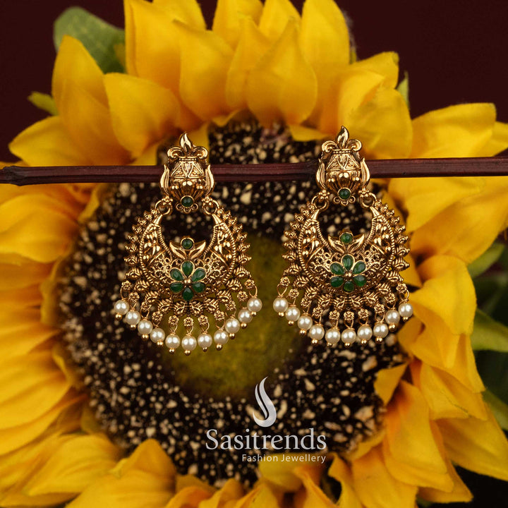 Matte Gold Plated Temple Floral Chandbali Pearl Drop Earrings for Women - Sasitrends