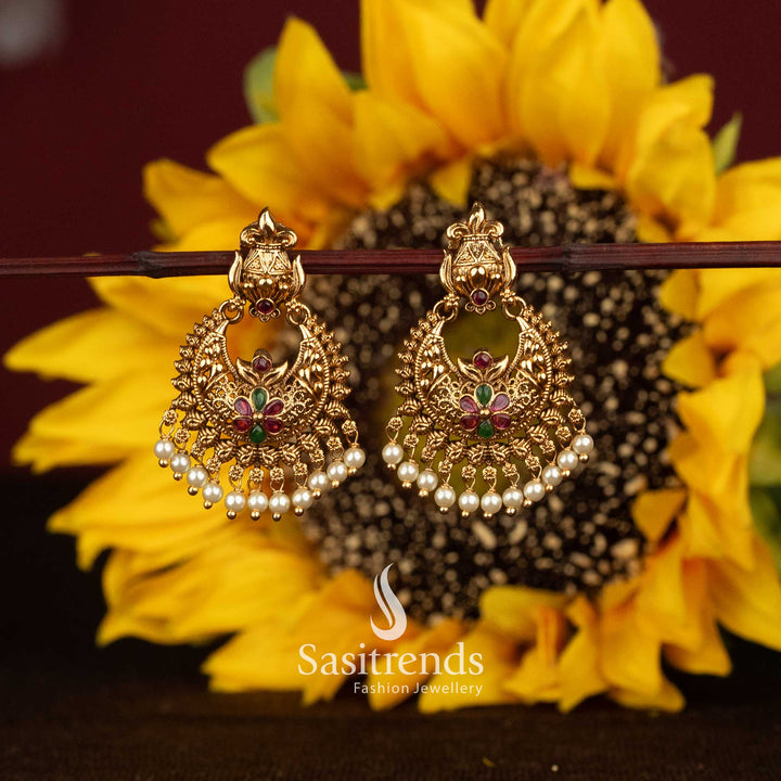 Premium Matte Gold Plated Temple Crescent Chandbali Earrings with Pearl Drops - Sasitrends