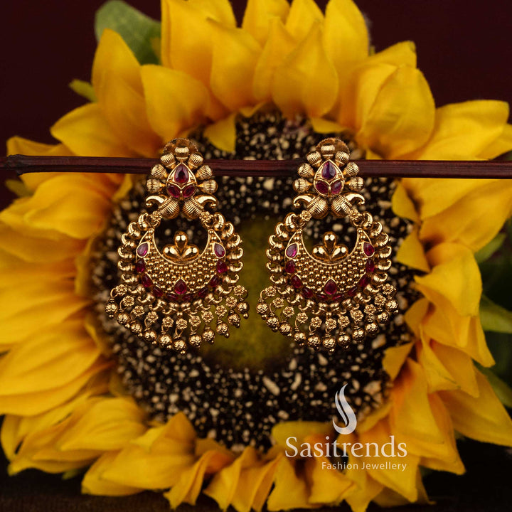 Matte Gold Plated Temple Crescent Chandbali Bead Drop Earrings for Women - Sasitrends