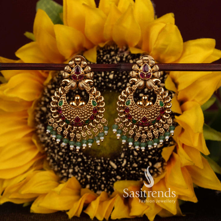 Matte Gold Plated Temple Crescent Chandbali Bead Drop Earrings for Women - Sasitrends
