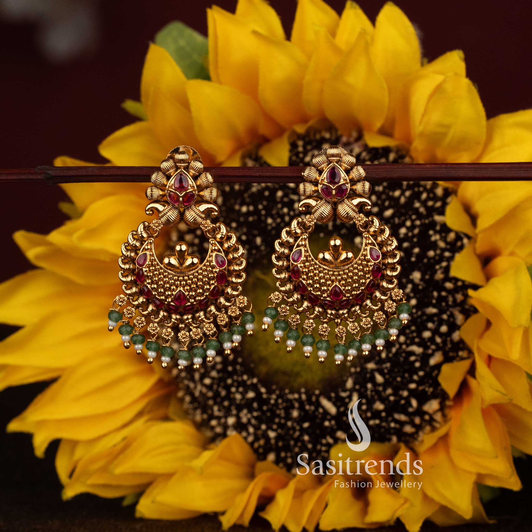 Matte Gold Plated Temple Crescent Chandbali Bead Drop Earrings for Women - Sasitrends