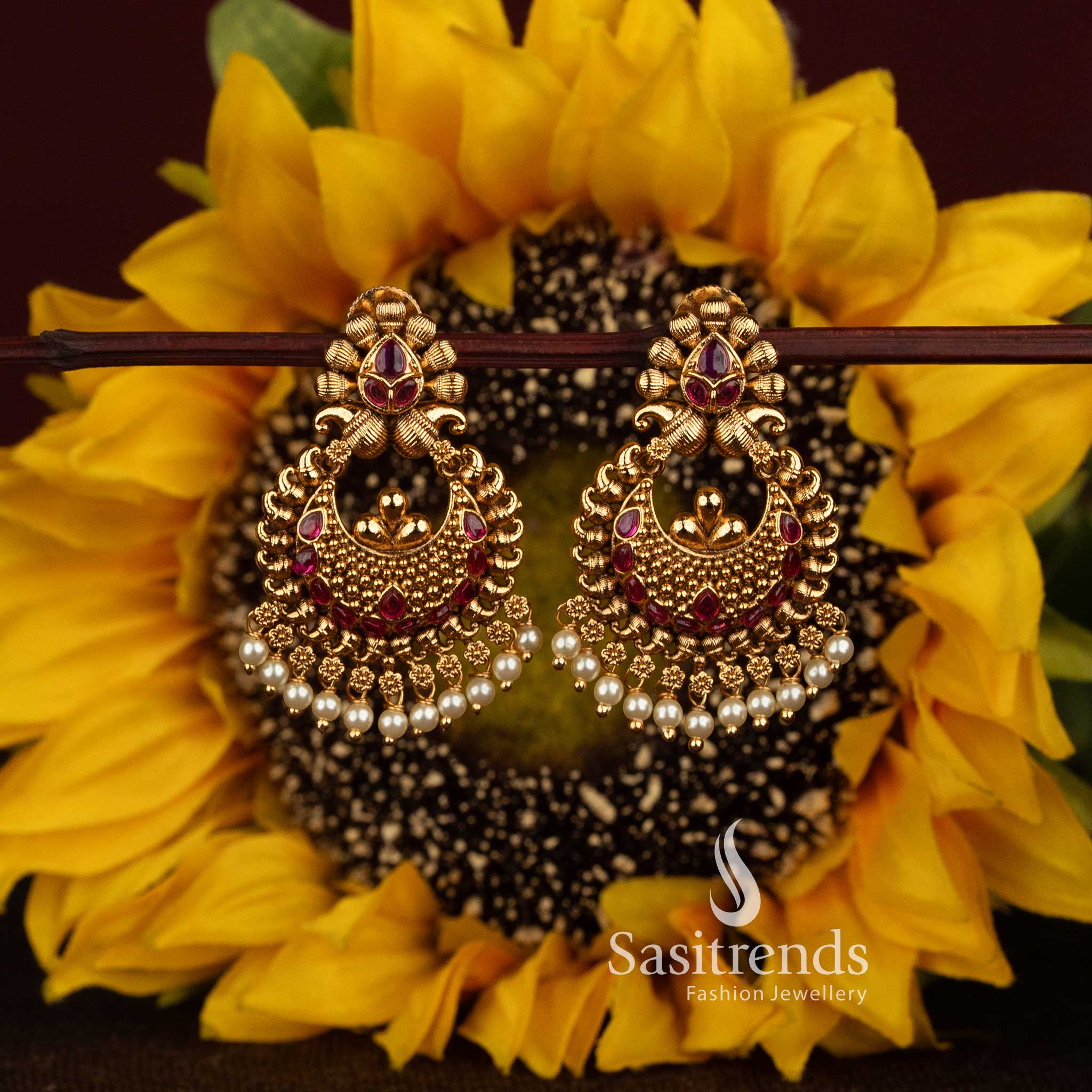 Matte Gold Plated Temple Crescent Chandbali Bead Drop Earrings for Women - Sasitrends