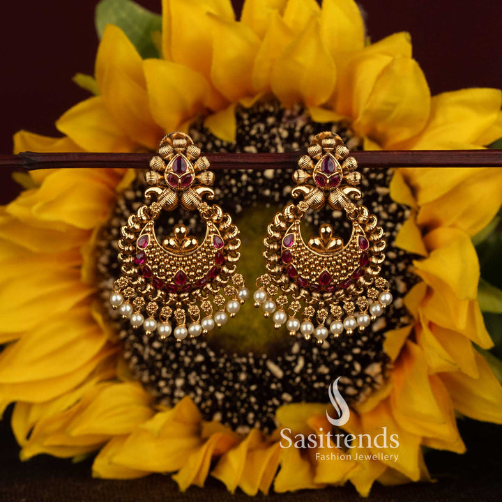 Matte Gold Plated Temple Crescent Chandbali Bead Drop Earrings for Women - Sasitrends