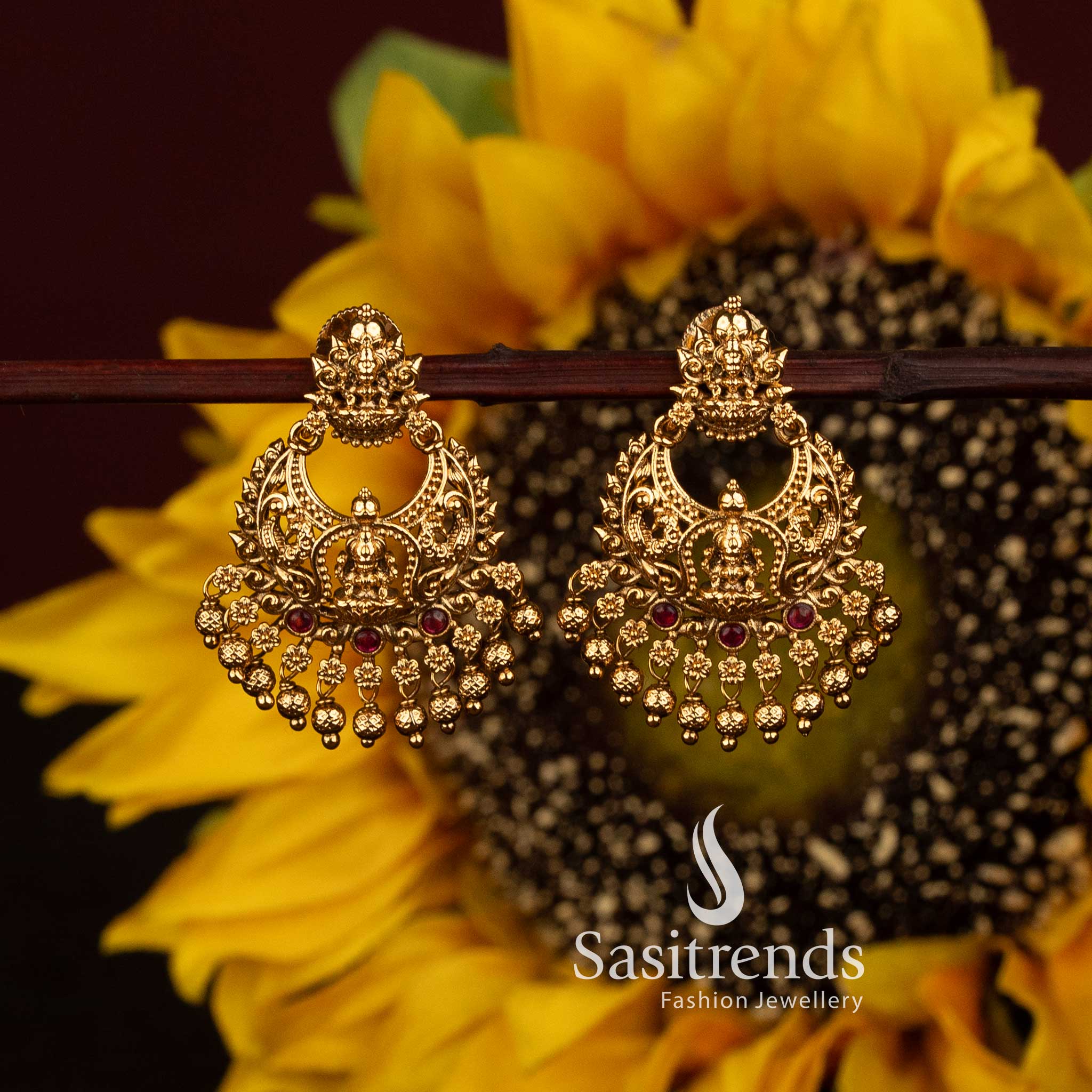 Matte Gold Plated Temple Goddess Lakshmi Crescent Chandbali Earrings for Women - Sasitrends