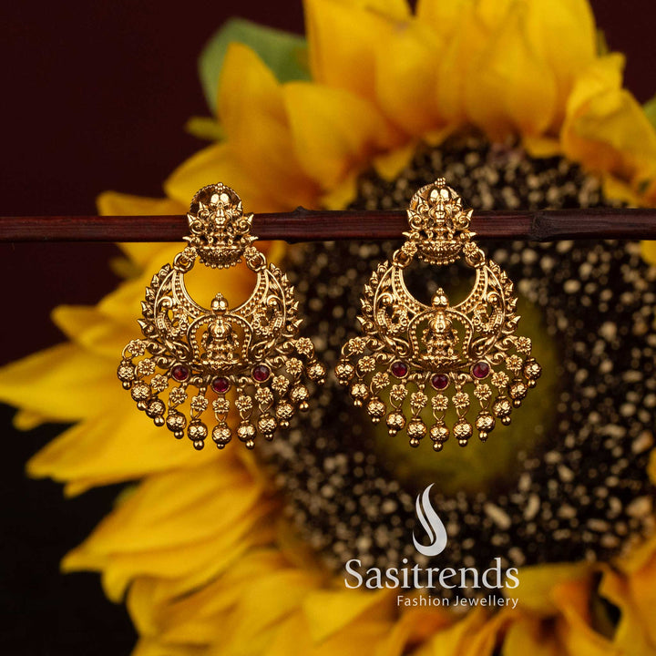 Matte Gold Plated Temple Goddess Lakshmi Crescent Chandbali Earrings for Women - Sasitrends