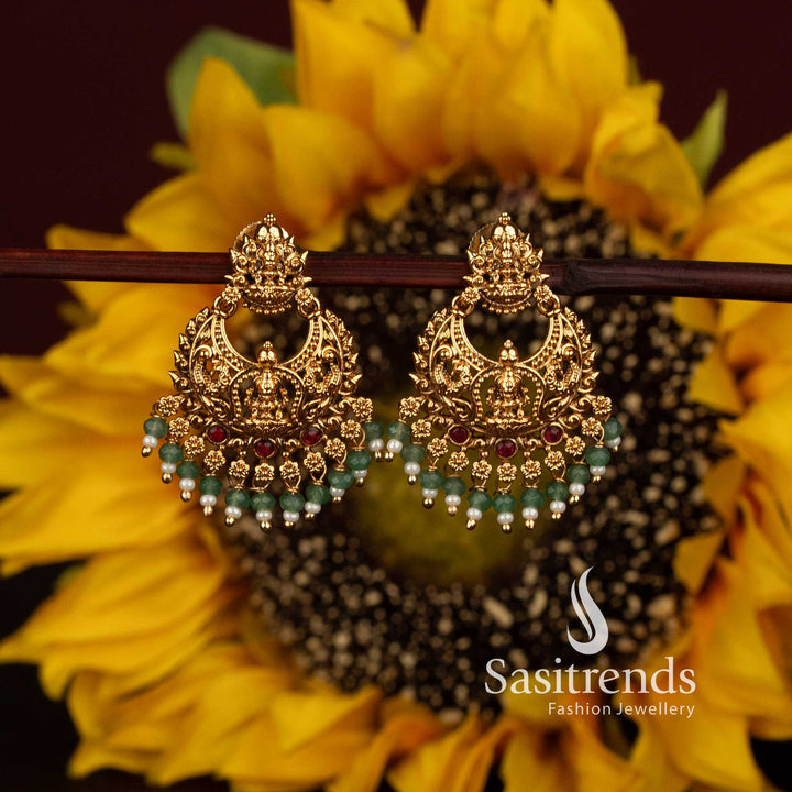 Matte Gold Plated South Indian Temple Lakshmi Chandbali Earrings for Bridal and Festive Wear - Sasitrends