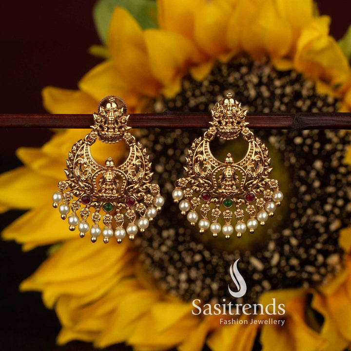 Matte Gold Plated Temple Goddess Lakshmi Crescent Chandbali Earrings for Women - Sasitrends