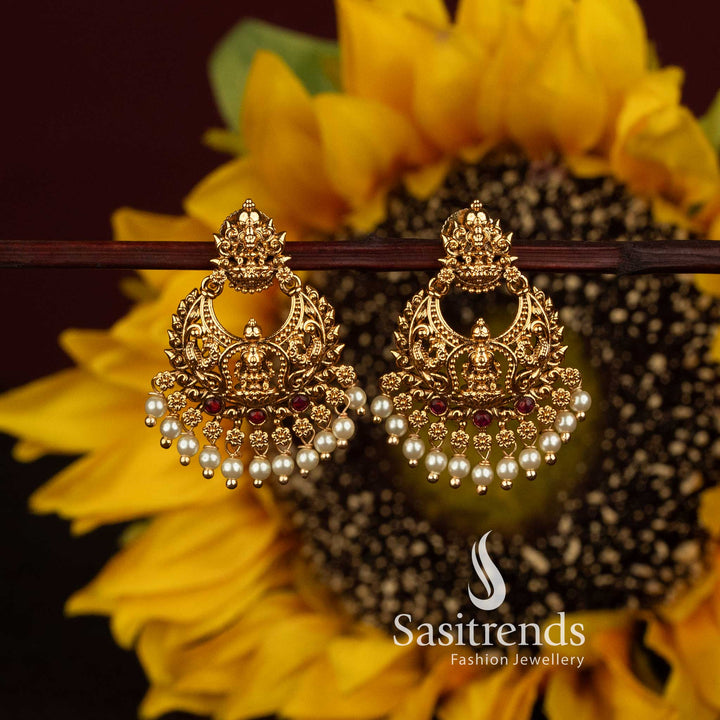 Matte Gold Plated South Indian Temple Lakshmi Chandbali Earrings for Bridal and Festive Wear - Sasitrends