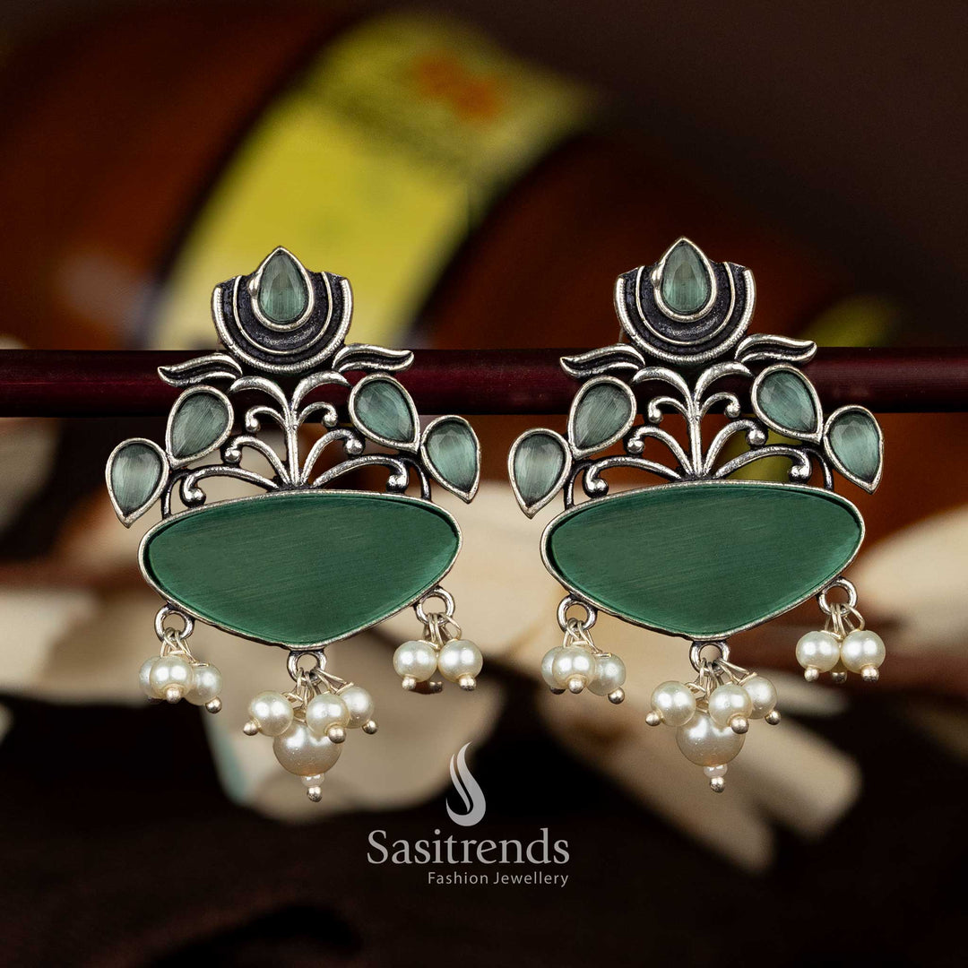 Elegant Oxidised Silver Lotus and Pearls Drop Earrings Available in  Multiple Colors Sasitrends