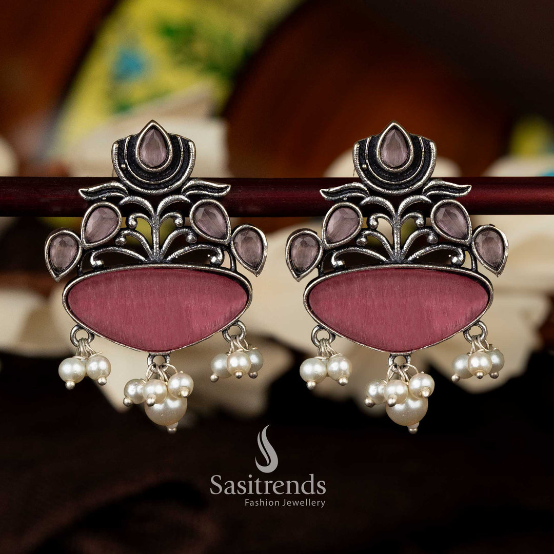 Elegant Oxidised Silver Lotus and Pearls Drop Earrings Available in Multiple Colors Sasitrends