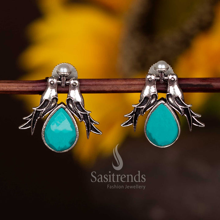Elegant Oxidised Twin Bird Stud Earrings With Sky Blue Faceted Teardrop Stone – Vintage Style Fusion Jewellery Set Sasitrends
