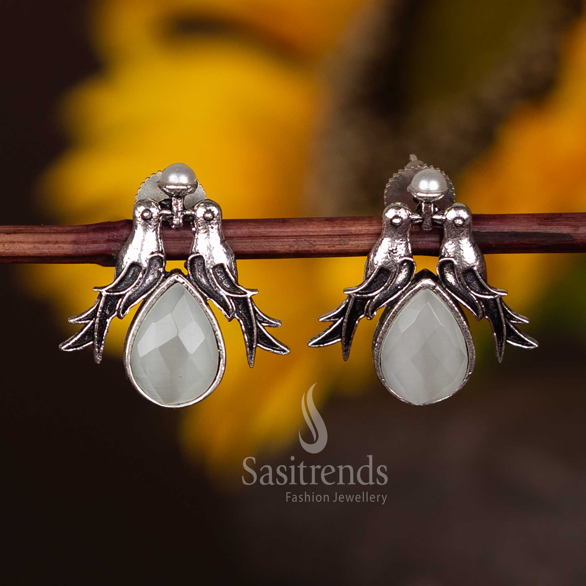 Stunning Oxidised Twin Bird Stud Earrings With White Faceted Teardrop Stone – Ethnic Inspired Jewellery Design Sasitrends