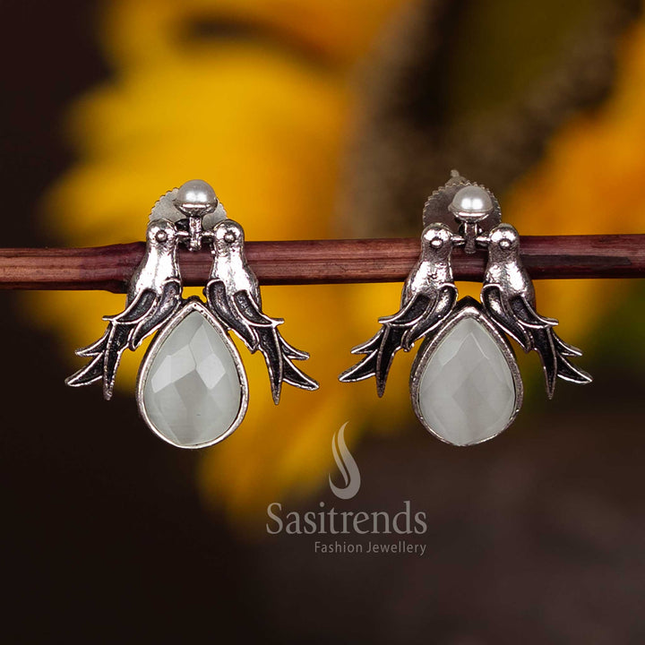 Stunning Oxidised Twin Bird Stud Earrings With White Faceted Teardrop Stone – Ethnic Inspired Jewellery Design Sasitrends