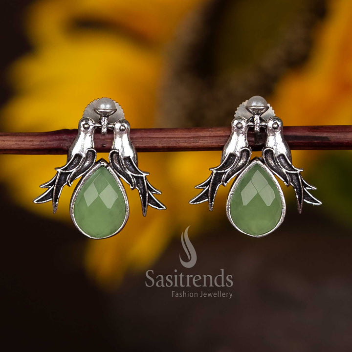 Soothing Oxidised Twin Bird Earrings With Mint Teardrop Stone – Graceful Trendy Jewellery Collection Sasitrends