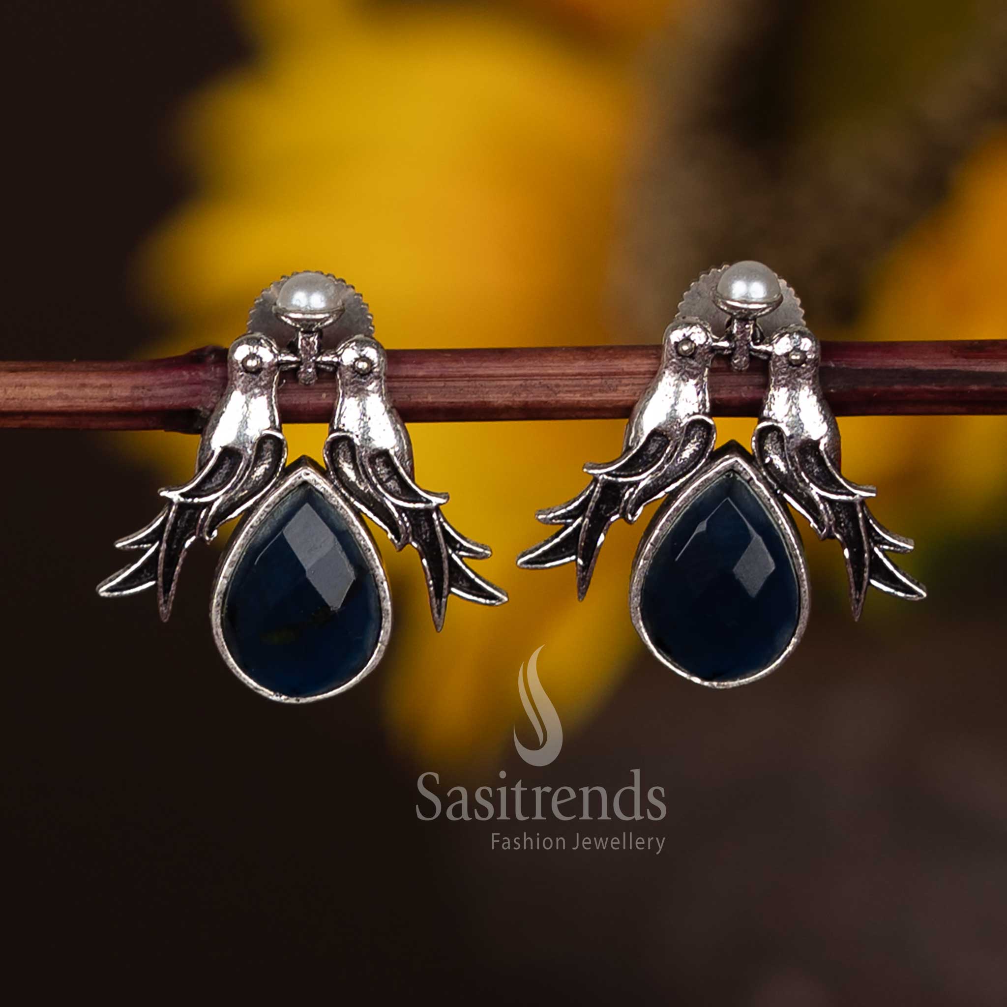 Bold Oxidised Twin Bird Earrings With Dark Blue Teardrop Stone – Handcrafted Elegance Jewellery Collection Sasitrends