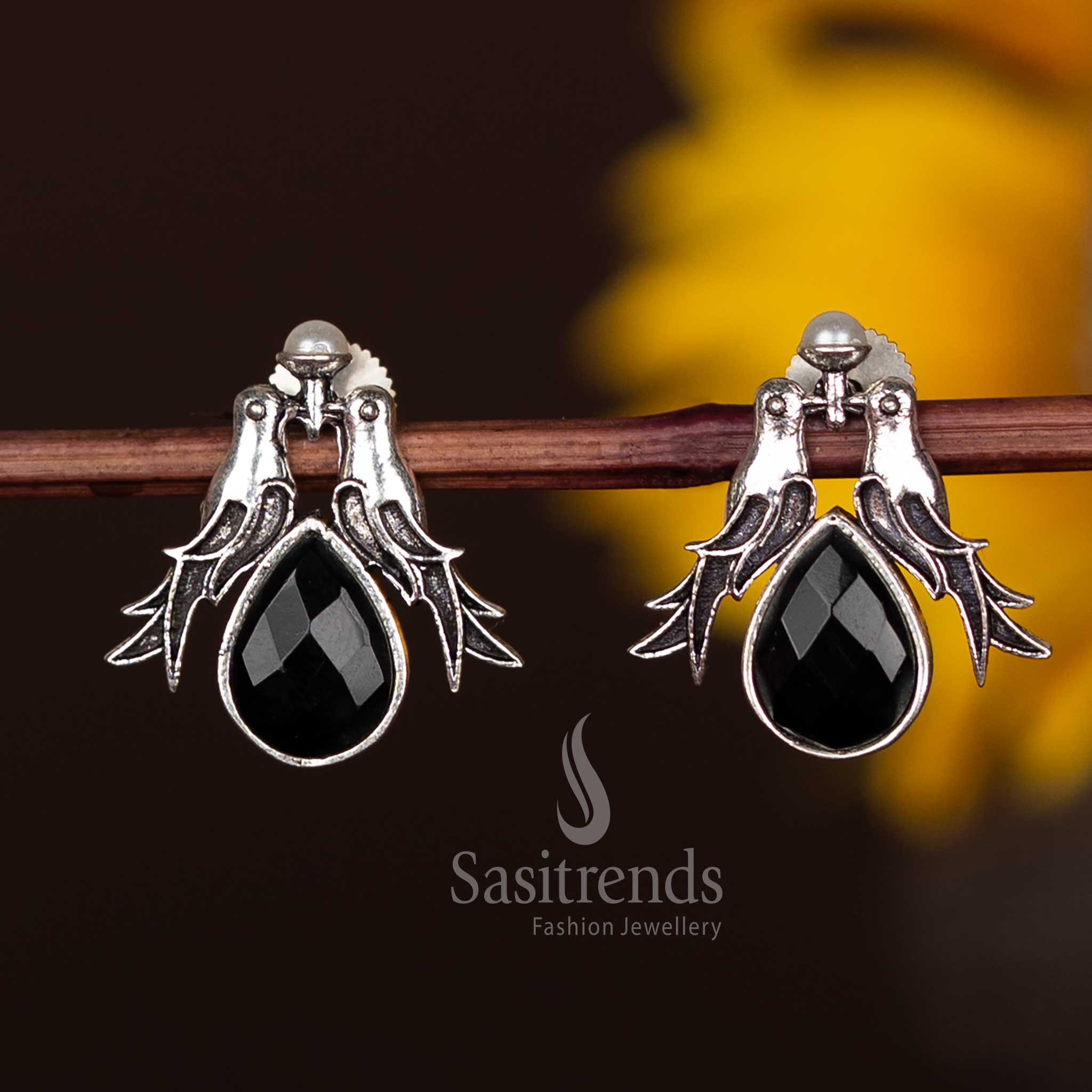 Elegant Oxidised Twin Bird Earrings With Black Teardrop Stone – Handcrafted Stylish Jewellery Collection Sasitrends