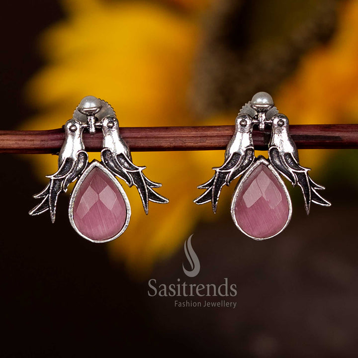 Graceful Oxidised Twin Bird Stud Earrings With Pink Faceted Teardrop Stone – Traditional Touch Party Jewellery Sasitrends