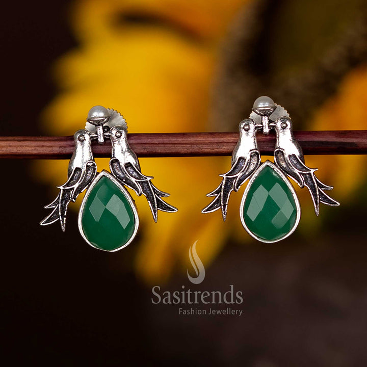 Exquisite Oxidised Twin Bird Stud Earrings With Green Faceted Teardrop Stone – Heritage Fusion Jewellery Set Sasitrends