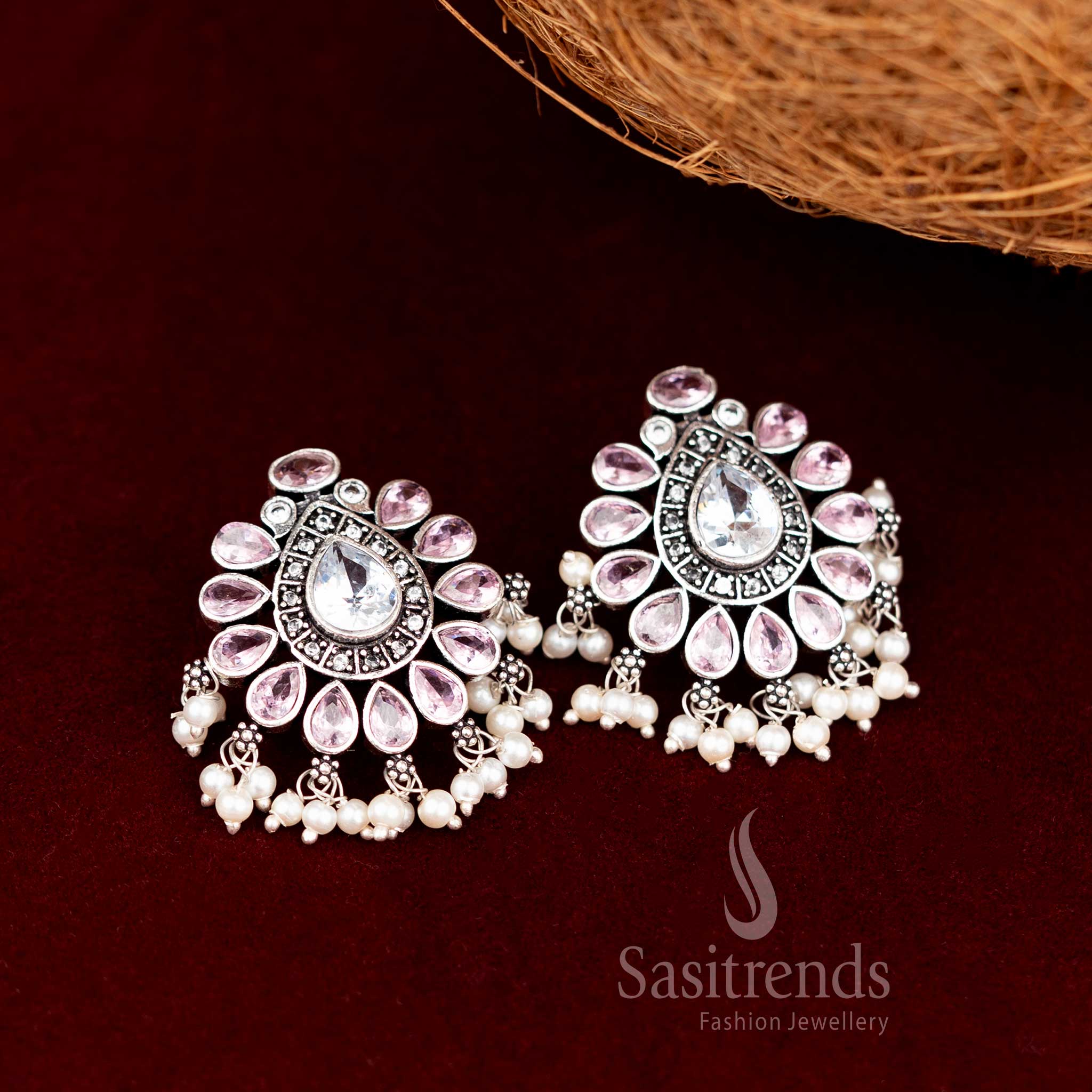 Elegant Oxidised Chandbali Style Stud Earrings With Pink Faceted Stones And Pearl Drops – Traditional Fusion Jewellery Sasitrends