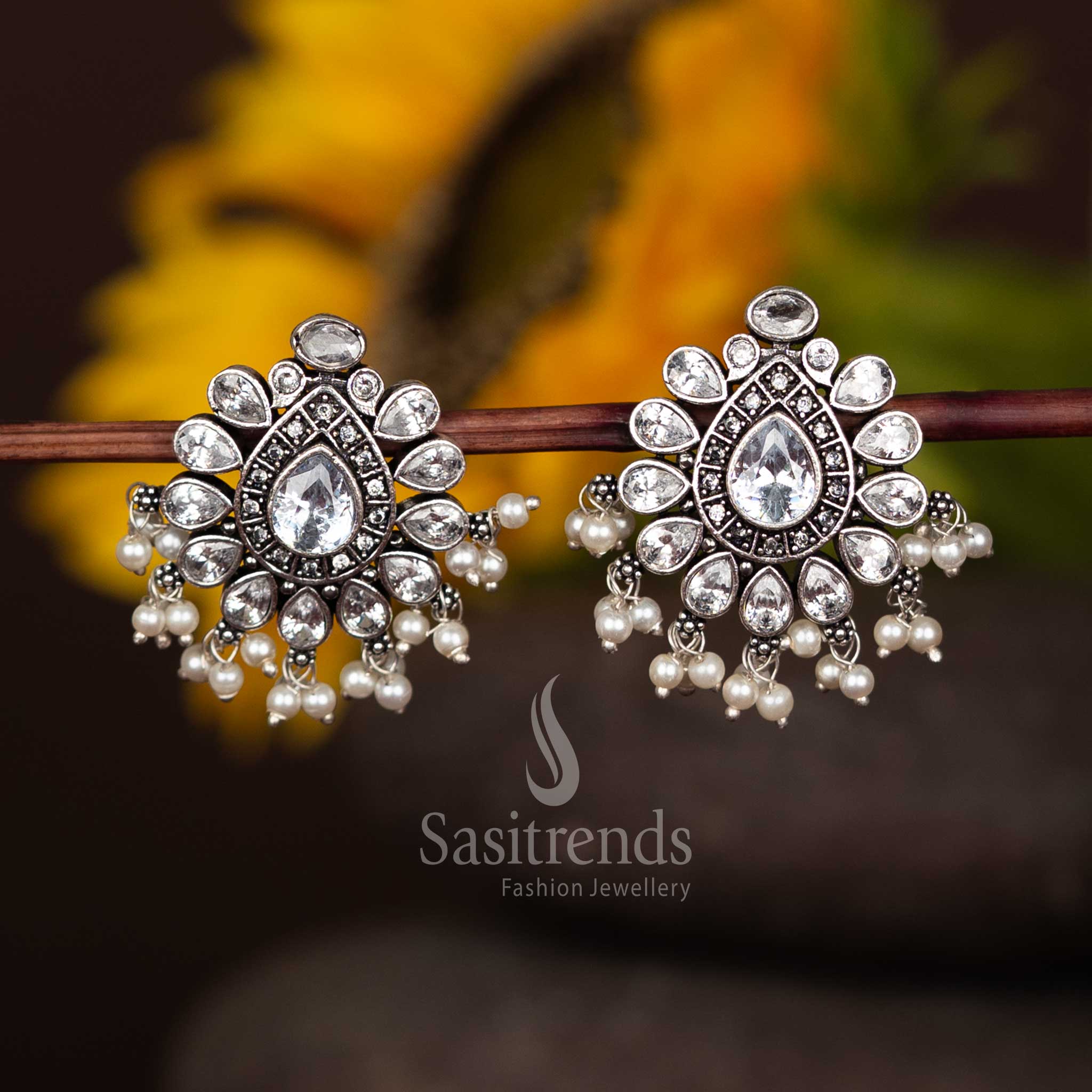 Graceful Oxidised Chandbali Style Stud Earrings With White Faceted Stones And Pearl Drops – Classic Elegant Jewellery Sasitrends