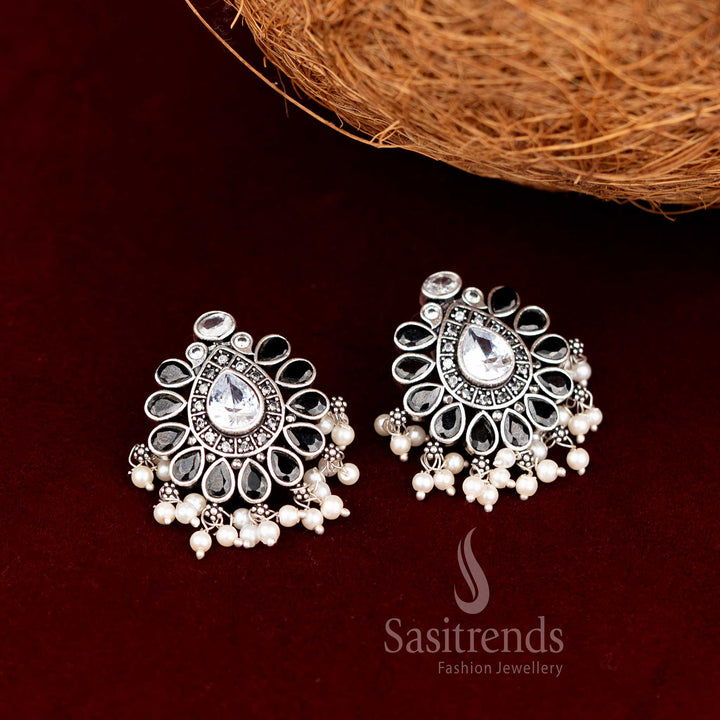 Majestic Oxidised Chandbali Style Stud Earrings With Black Faceted Stones And Pearl Drops – Fusion Party Wear Jewellery Sasitrends