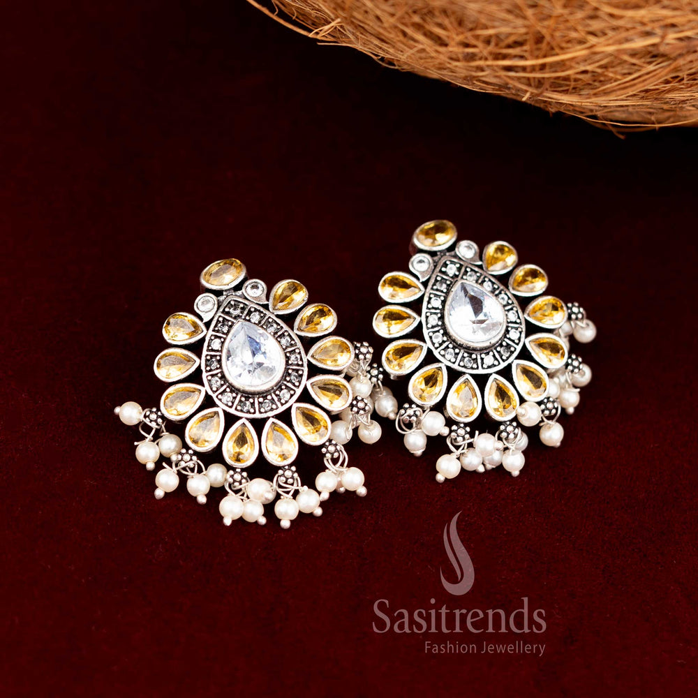 Chic Oxidised Chandbali Stud Earrings With Yellow Faceted Stones And Pearl Drops – Fusion Designer Jewellery Sasitrends