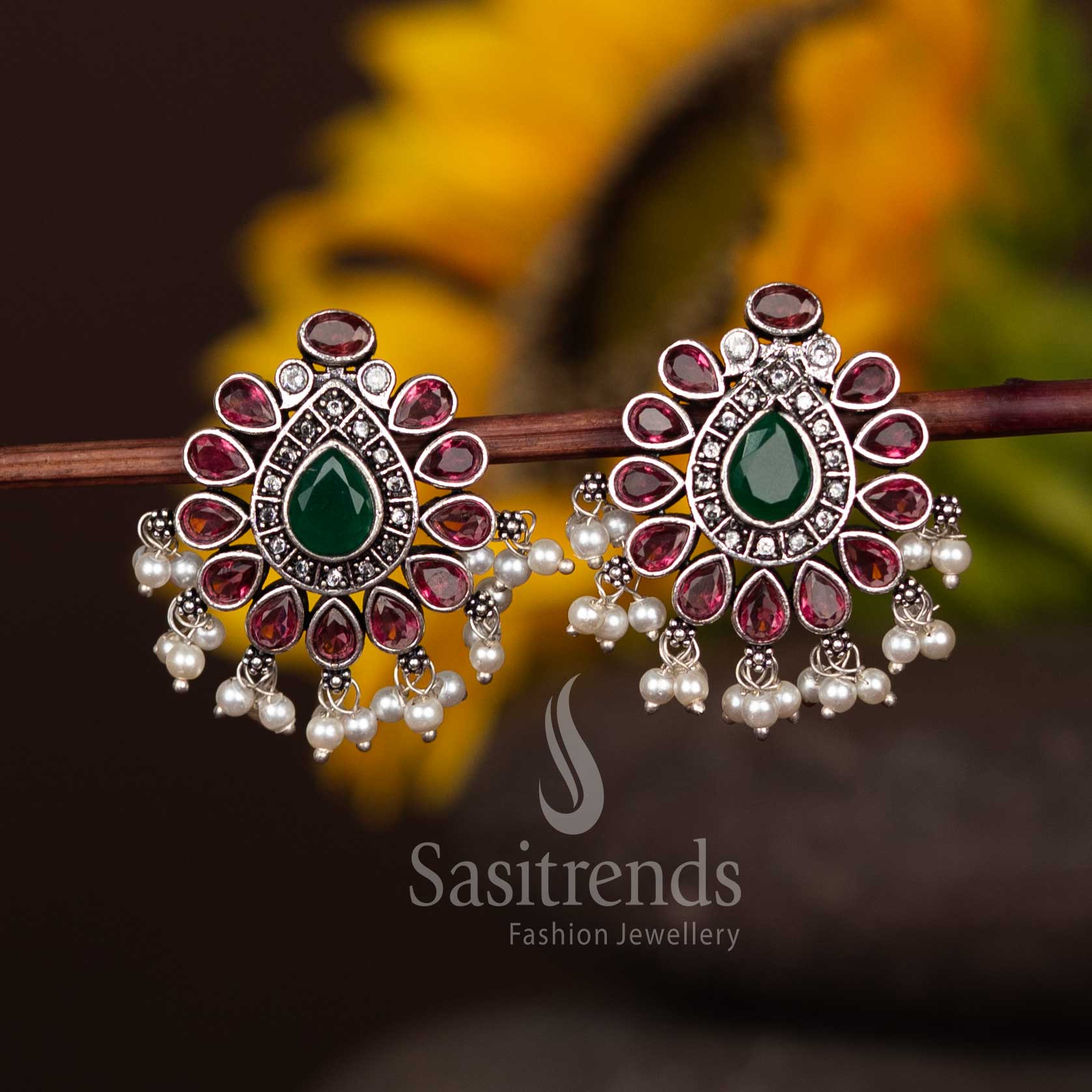 Elegant Oxidised Chandbali Style Stud Earrings With Ruby Green Faceted Stones And Pearl Drops – Traditional Festive Jewellery Sasitrends
