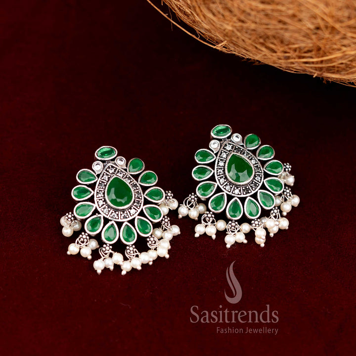 Exquisite Oxidised Chandbali Style Stud Earrings With Green Faceted Stones And Pearl Drops – Designer Artisan Jewellery Sasitrends